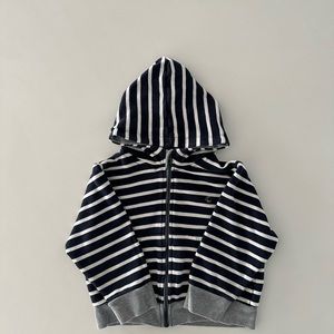 PETIT BATEAU breton navy/white/grey hooded sweatshirt in size 4